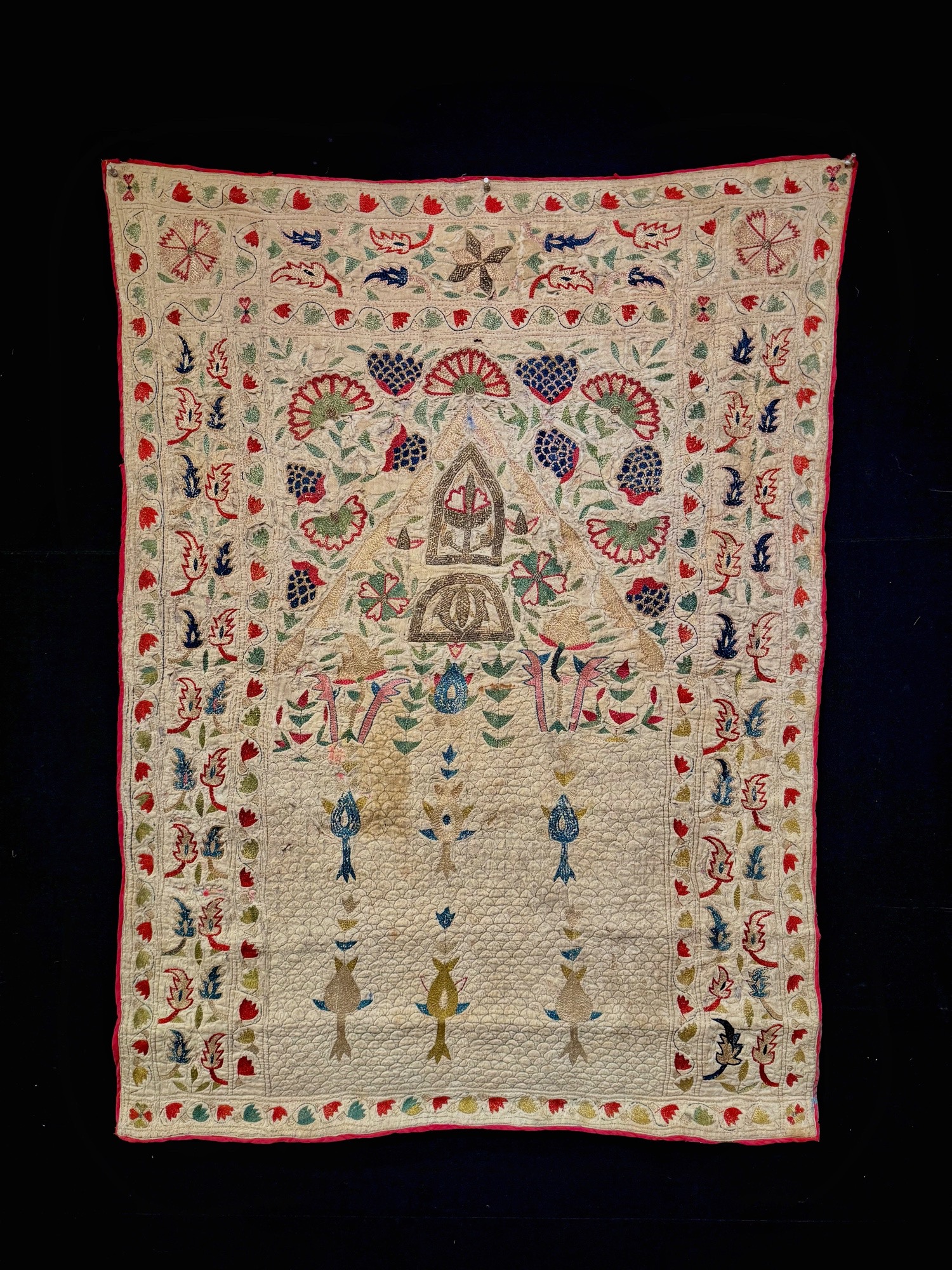 19th Century Indian Silk & metal thread embroidery Prayer Style